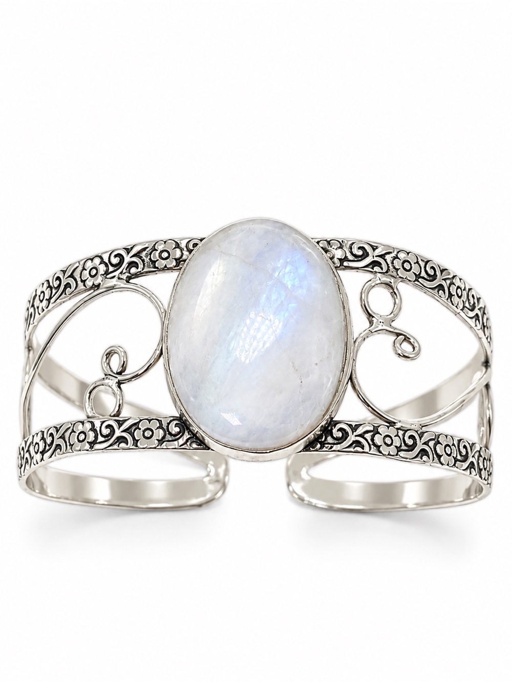 925 Sterling Silver Rainbow Moonstone Floral Cuff Bracelet Boho Statement Bracel